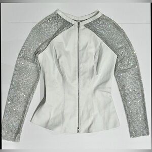 Aphero France white leather zip top with crystal mesh sleeves